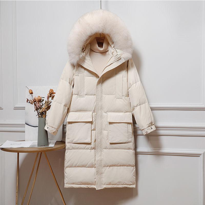 

90% White Duck Down Coat Women Winter Jackets Big Fur Collar Hooded Down Jacket Parkas Woman Warm Long Coats Female Outwear, Blue