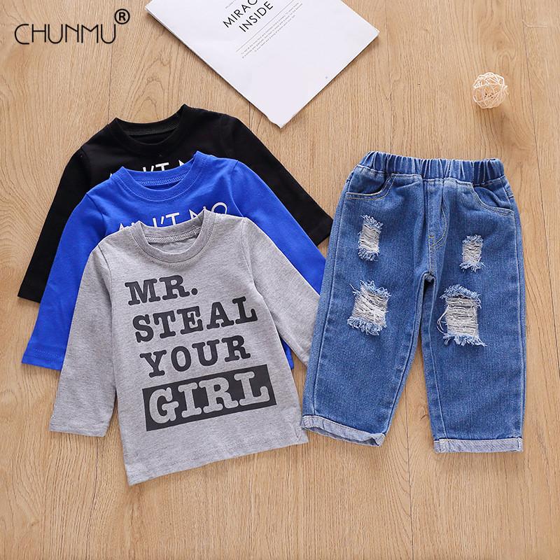 

Spring Kid Boy Girl Custumes For Boy Girl Clothing Set Letter Print Top + Ripped Jeans Baby Boys Active Set Infant Kid Clothes, Gray