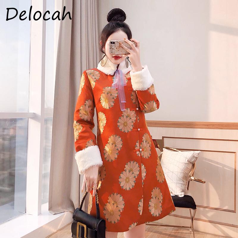 

Delocah Women Fashion Autumn Runway Warm Coat Long Sleeve Single Breasted Embroidery Floral Print Elegant Bodycon Ladies Coats, Multi