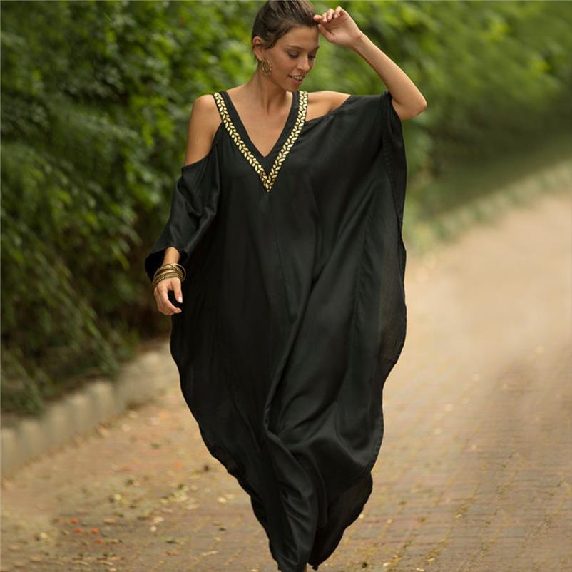 Sexy Épaule froide V Col V Robes à col de chauves-souris Lâche Summer Beach Plus Taille Femmes Beachwear Kaftan Black Coton Robe N943