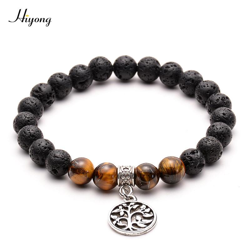 

New Fashion Tree of Life Charm Bracelet Black Matte Beads Lava Volcanic Stone Bracelets Natural Tiger Eye Yoga Jewelry Bangles