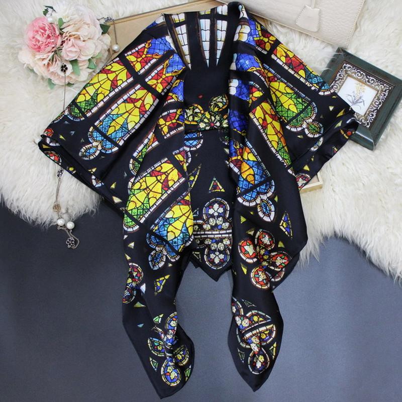 

KMS Notre-Dame-window-rose silk satin hand-rolled scarf 105*105cm/75G