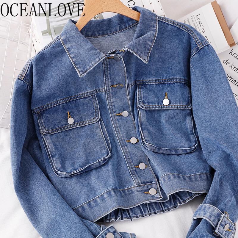 

OCEANLOVE Denim Jacket Women Solid All Match 2020 Spring Autumn Korean Chaqueta Chic Pocket Puff Sleeve Ropa Mujer Short 14027, Dark blue