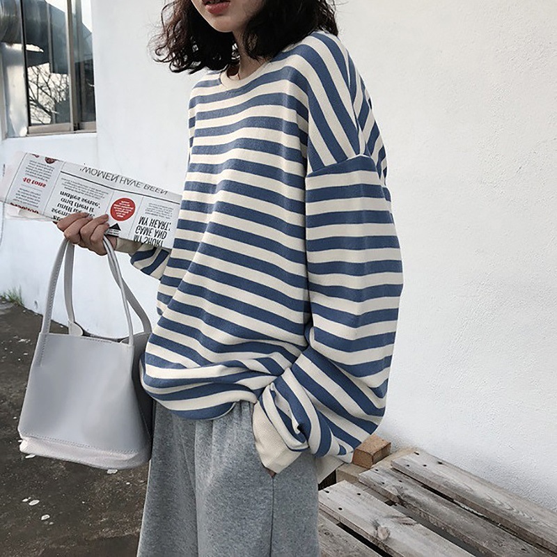 

2021 Cotton Sweatshirts New Women Autumn Striped Long Sleeve Lady Tops Students Thin Large Size Pullover Female Hemd, Black-striped