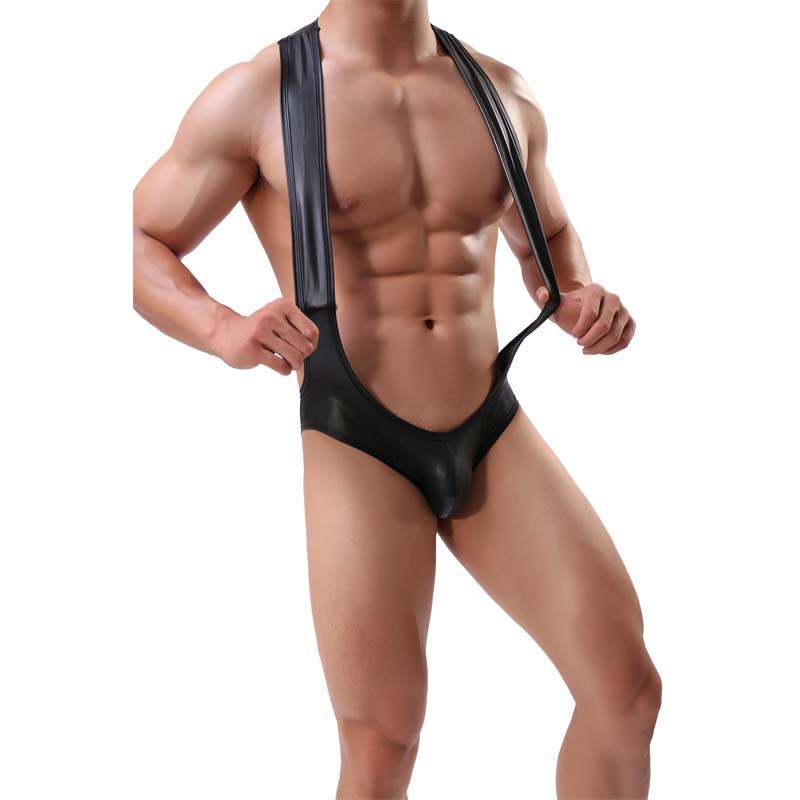 

3Pieces/Lot Sexy Men Undershirt Faux Leather PU Wrestling Singlet Open Butt Bikini Jumpsuit Suspender Teddies Underwear One-Piece Bodysuit, Black