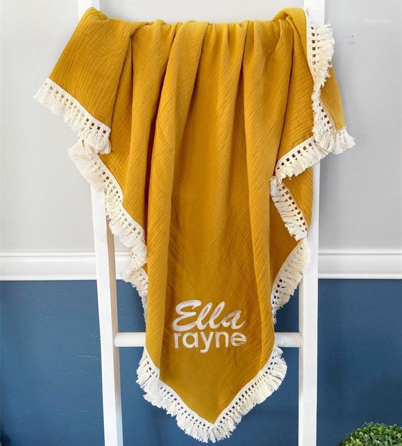 

Baby Blankets Newborn Muslin Blanket Boho Custom Name Baby Swaddle Blanket Embroidered Shower Gift Tassel1, White