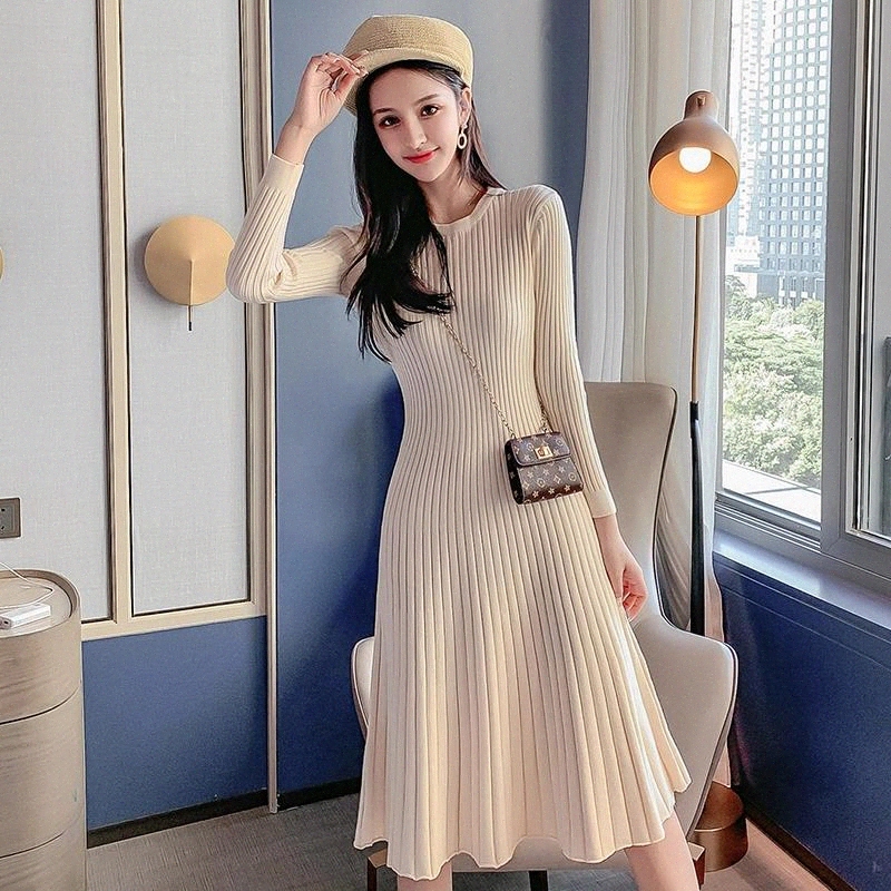 

2020 autumn and winter new small tall and age-reducing knitted dress mid-length slim slimming fashion base skirt women #Hz7i, Black;gray