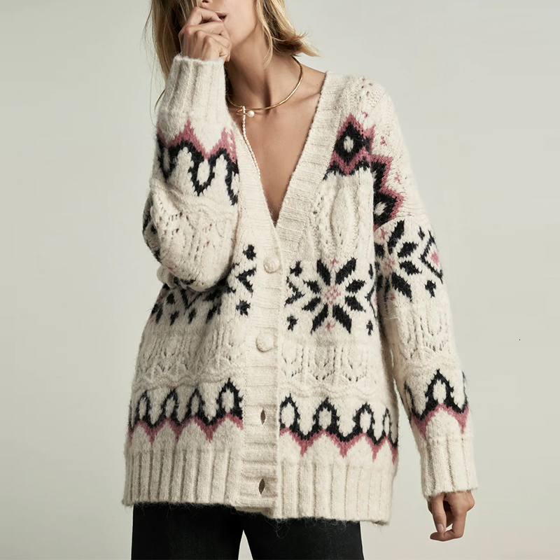 

New Autumn Winter Knitted Sweater Outwear 2021 Thick V-neck Long Sleeve Jacquard Pullover Causal Female Knitting Tops Hh4809 Uez3, Picture