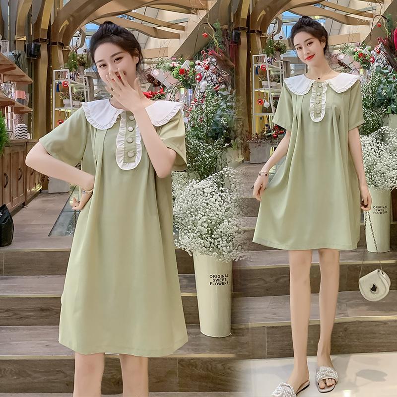 

9015# Maternity Dress Summer Turn Down Collar Short Sleeve Easy Matching Loose Stylish Dress for Pregnant Women Mom1, Green