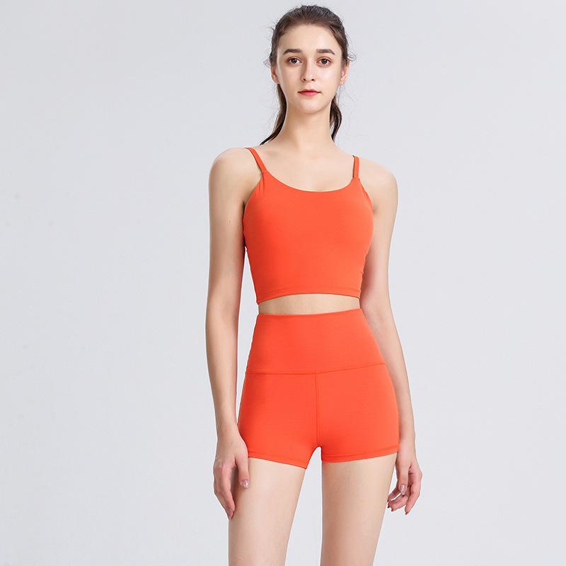 

New Yoga Clothing Set Women' Tight Tank Top Shorts Set Nylon High Elastic Running Sports Fitness Fashion Shorts, Beige
