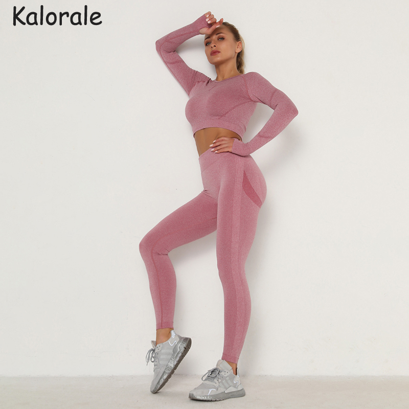 

Seamless Yoga Set Gym Clothing 2 Piece Set Women Long Sleeve Sports Crop Top High Waist Leggings Fitness Tracksuit Workout, Watermelon