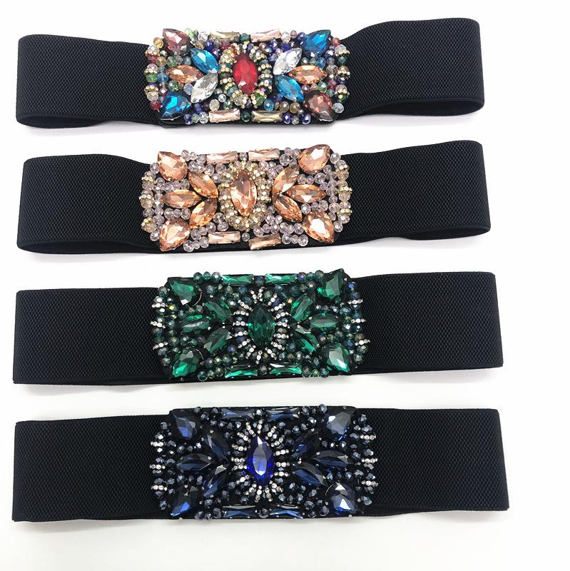 

2020 Autumn Glass Rhinestone Women Waist Belt Stretchy Strap Handmade Flower Crystal Bead :Ladies Elastic Waistband Dress Belts, Green