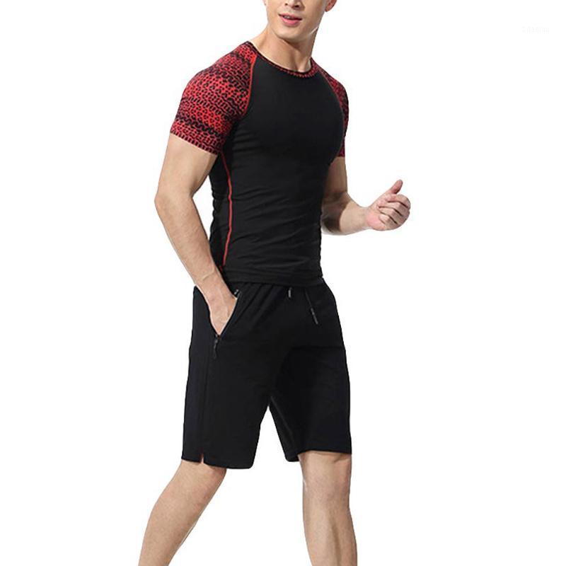 

New Men' Set Short Casual Suits Sportswear Men' Elastic Fitness Short T-shirt Fast Drying Tops Pants Sports Tight Suit Z04041, Black