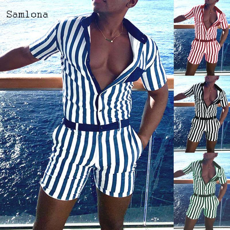 

Fashion Vertical stripes Men Casual Jumpsuit Summer Short Sleeve Rompers Overall Single Breasted Short Pants Romper Men clothing, Red