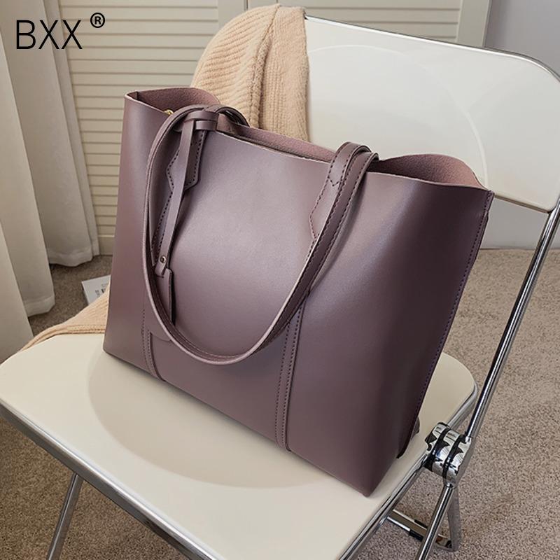

[BXX] Simple Solid Color PU Leather Shoulder Bags for Women 2021 Winter Trend Bag High Capacity Handbags Luxury HP043, Black