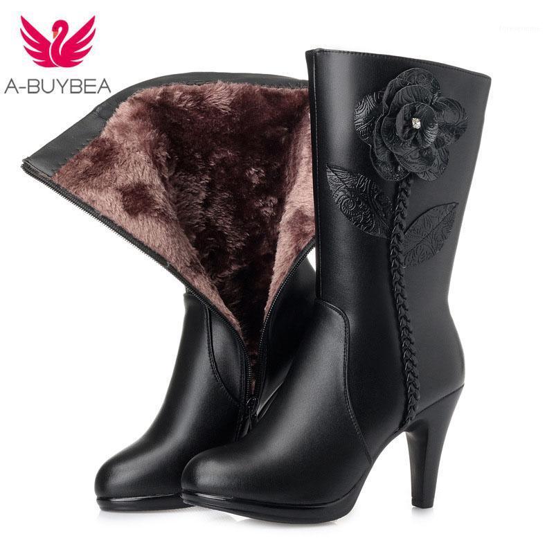 

New Winter Warm Plush / Wool Snow Boots Women Boots High Heels Flower Elegant Fashion In-tube Genuine Leather1, Black thick fur 7cm