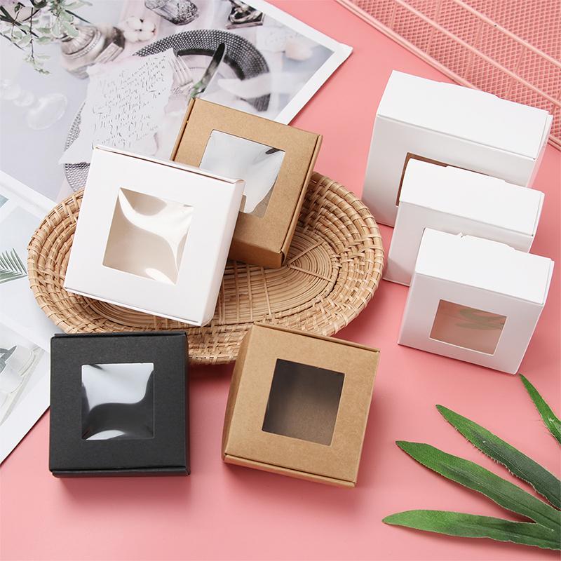 

10pcs Kraft Paper Packaging Boxes Pvc Window Brown Candy Box F/ Wedding\Craft\Cake\Handmade Soap Packing Gift Storage