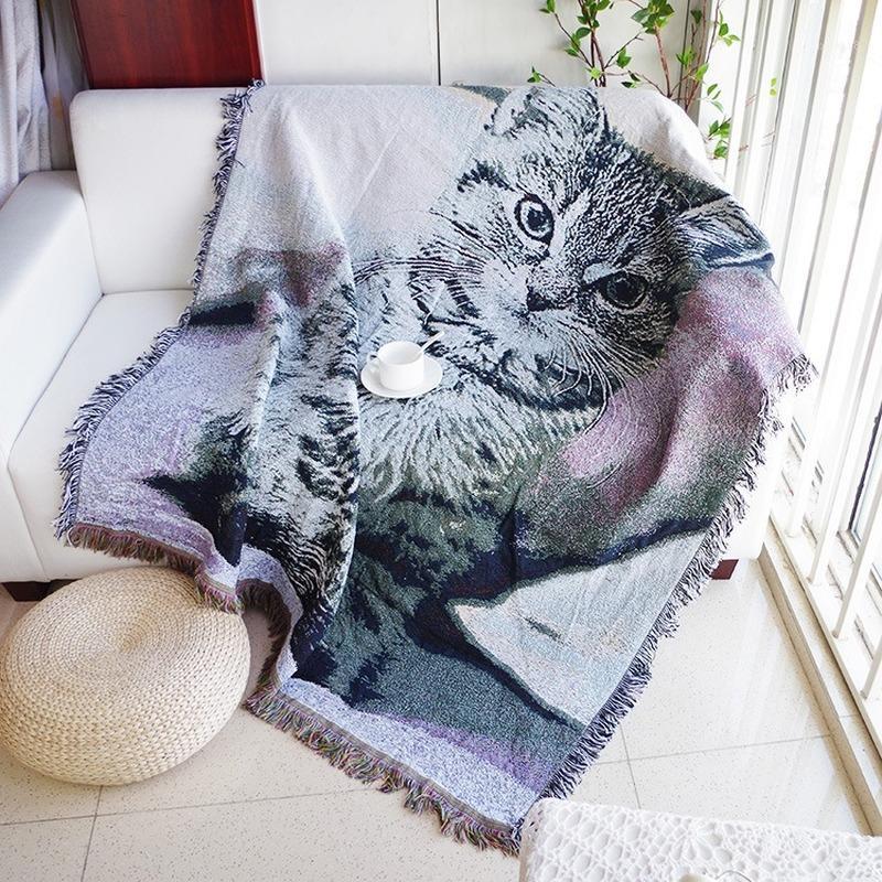 

Cute Cat Sofa Cover Thread Blanket All Season Cartoon Tassel Dust-proof Casual Blankets For Office Travel Bedspread1
