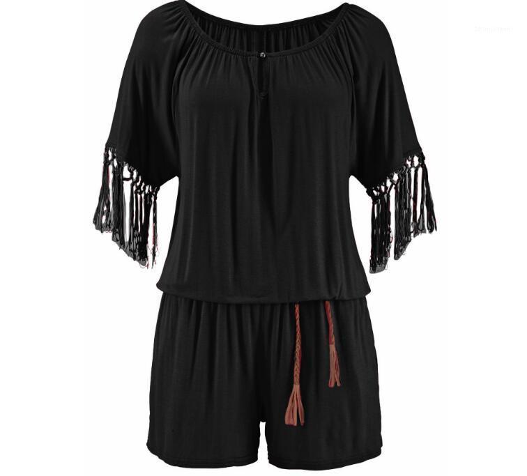 

Women' Jumpsuits & Rompers Women Summer Playsuits Off Shoulder Tassel Female Beach Boho Short Overalls 2021 Girls Pockets Plus Size, Black