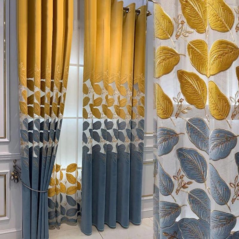 

Golden Leaf Semi-Blackout Curtains for Bedroom Embroidery Chenille Soft Fabric Hollow Out Velvet Balcony Window Tendes zh440C, Tulle 02