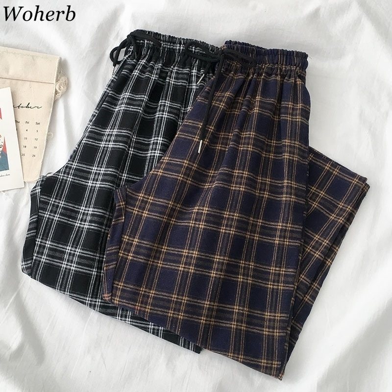 

Woherb Plaid Pants Female Korean Style Harajuku Boyfriends Wide Leg Pants Loose Vintage Casual Joggers Women Elastic Waist Capri 201031, Black