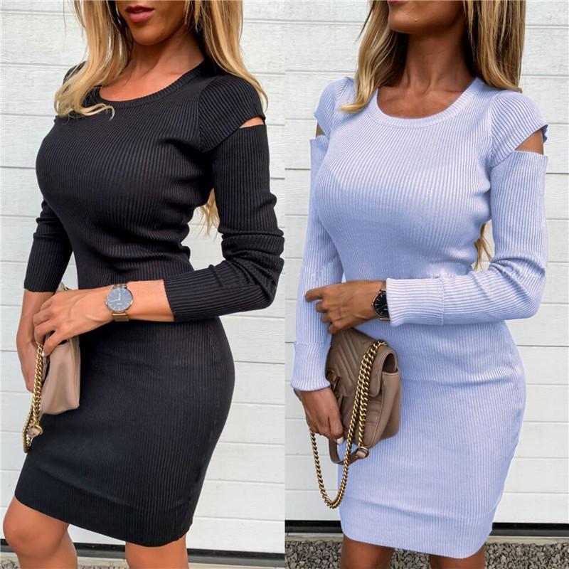 

HIRIGIN Women Dress Autumn Winter Sexy Bodycon Slim Casual Long Sleeve Off Shoulder Hollow Out Elegant Crew Neck Party Dress, Black