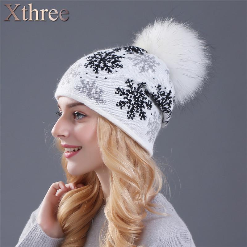 

XTHREE real mink pom poms wool fur knitted hat Skullies winter hat for women girls feminino beanies, Gray hat gray pom