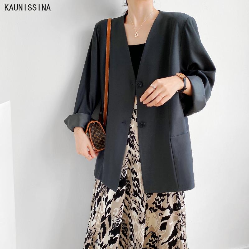 

Office Lady Blazers Women Autumn Spring Jacket Long Sleeve Coats Female Single Breasted Solid Jacket Woman V-Neck Chic Blazer, Black