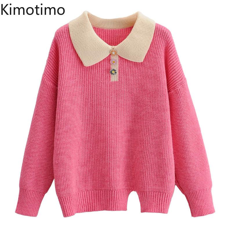 

Kimotimo Autumn Long Sleeve Sweater Turn-down Collar Patchwork Sweet Chic Korean Kawaii Knitted Jumper Casual Women Sweater, Photo