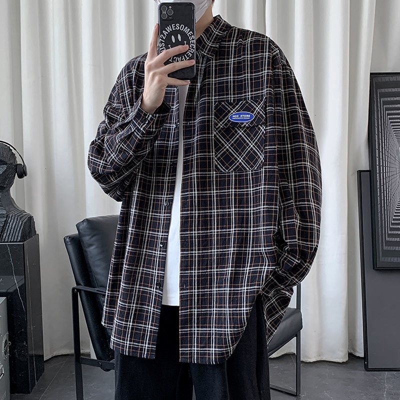 

New Men's Casual Oversize Plaid Shirts 2021 Japanese Style Woman Korean Streetwear Blouse Man Tops Clothing Long Sleeve Tsw5, Black