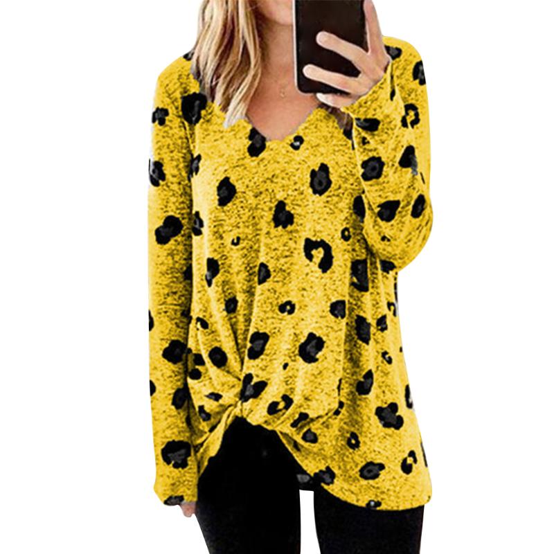 

Polyester Elegant Print Fashion Tie Knot Long Sleeve Autumn Students Travel Casual V Neck Work Tops Women T-shirt, Pink