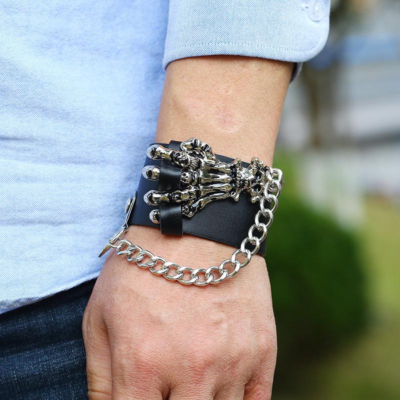 

Wristband Exaggerated Personality Hand Skeleton Wide Black Leather Bracelet Wrap Chains Charms Bracelets for Men Male Pulseira