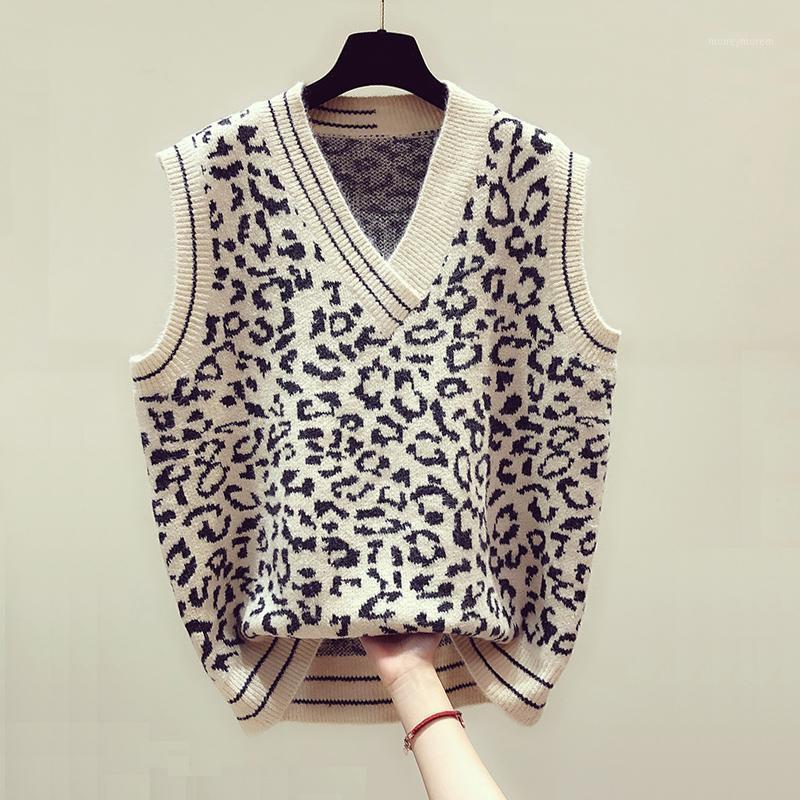 

Autumn Knitted Leopard v Neck Print Vest 2020 Sweater Women Fall Basic Sleeveless Jacquard Pullovers Fashion Sueter Mujer1, Khaki