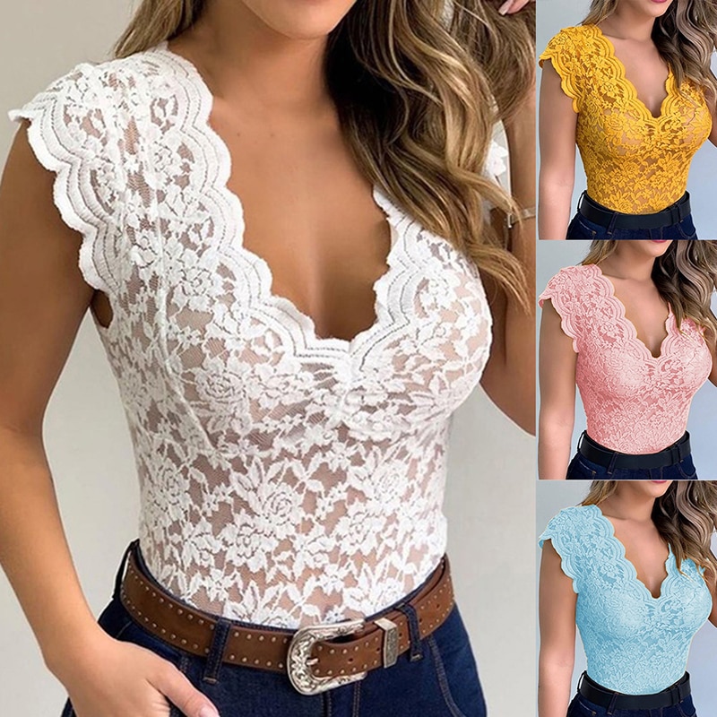 

New Women Sexy V Neck Lace Vest Top Sleeveless Solid Wire Free Tops Casual Underwear Female Comfortable Clothing Lady Plus Size, Yellow