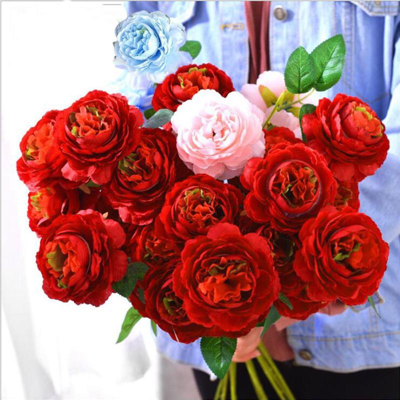 

2020 New 10 Bouquet Peonies Rose Artificial Flowers Silk Peonies Bouquet Flowers Wedding Home Decoration Fake Peony Rose Flower, Red