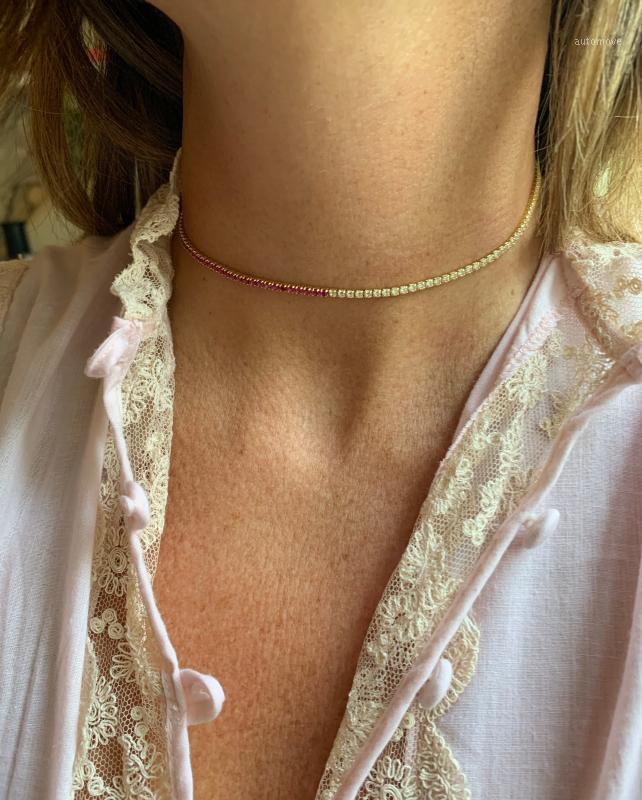 

summer charm gold color choker necklace with rainbow white cz tennis chain with green blue black red tiny link necklace jewelry1