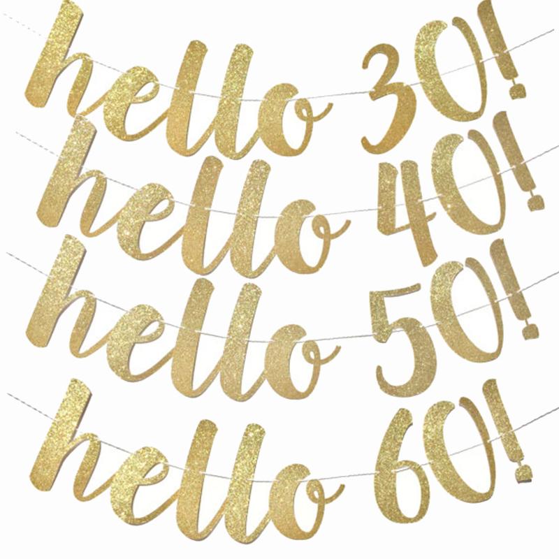 

1set gold hello 30 40 50 60 paper banner anniversary birthday party decorations adult wedding decoration garland supplies