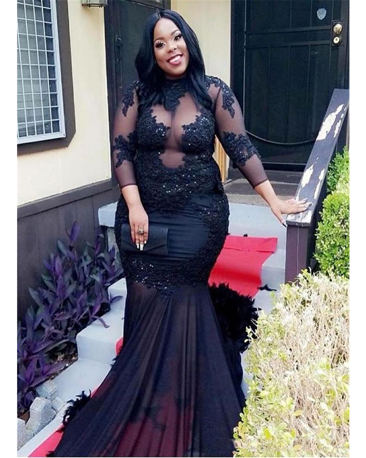 

2021 African Black Girls Prom Dresses Mermaid Three Quarter Sleeves lace Sheer Neck Illusion Appliques Sequins Long Evening Gowns robe fete, Same as picture