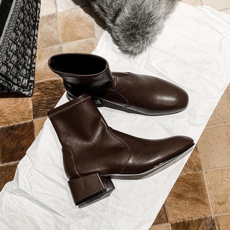 

Korean version of leather patent leather elastic booties fashion comfortable thin feet square heel thick heel 2020 new style1, Brown