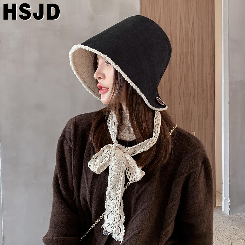 

Women Faux Cashmere Winter Bucket Hats Lovely Lace Bandage Warm Wool Hat Thickened Double Layer Panama Fisherman Hat Female Caps, Black
