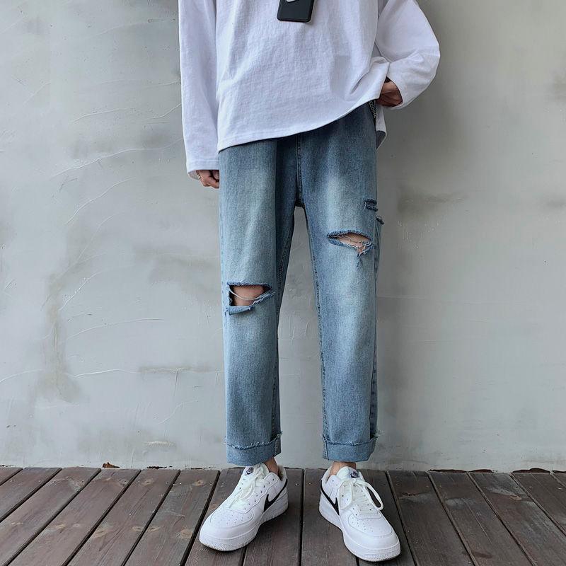 

Korean Style Ripped Straight Jeans Men' Fashion Retro Casual Hole Jeans Men Streetwear Loose Hip-hop Denim Trousers Mens -3XL, Blue