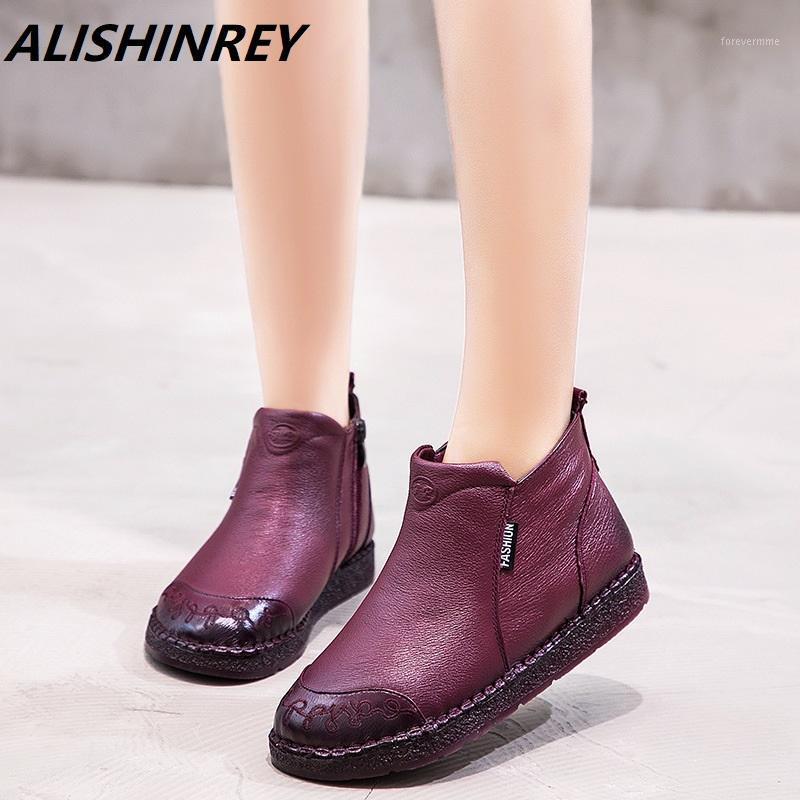 

ALISHINREY Genuine Leather Shoes Women Boots 2020 Autumn Winter Fashion Handmade Ankle Boots Warm Soft Casual Flat Shoes Woman1, 88508 purple