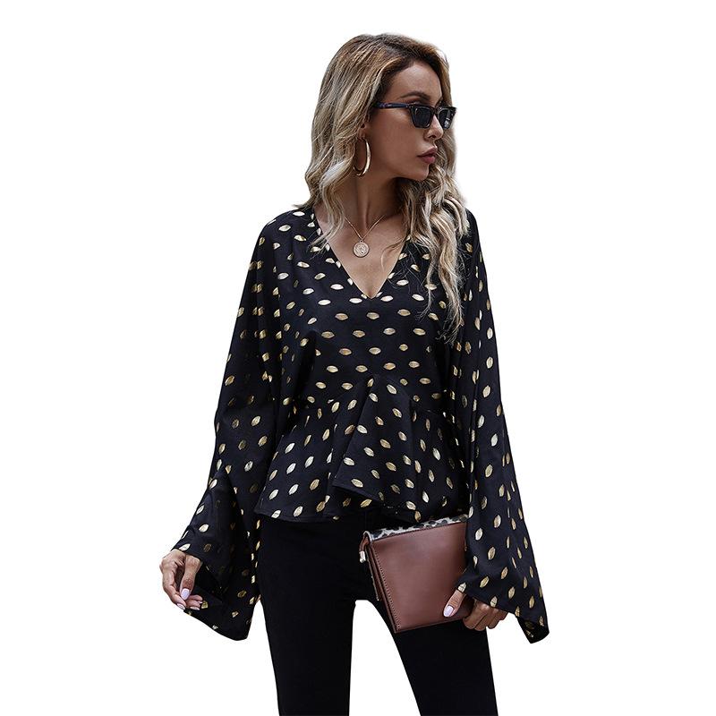 

Fashion Polka Dot Shirts Woman Flare Sleeve Woman Blouse Plus Size Women Clothing Blouse Top, Black