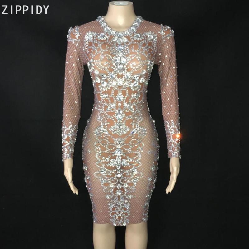 

Tan Color Silver Rhinestone Transparent Dress Birthday Celebrate Dress Bar Prom Mesh Outfit Women Dancer YOUDU, With tassel