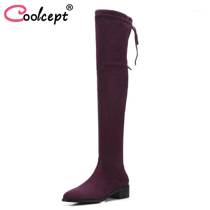 

CoolCept Size 34-43 Women Long Boots Square Heels Lace Up Round Toe Over Knee Boots Woman Simple Streth Ladies Footwear1, Black
