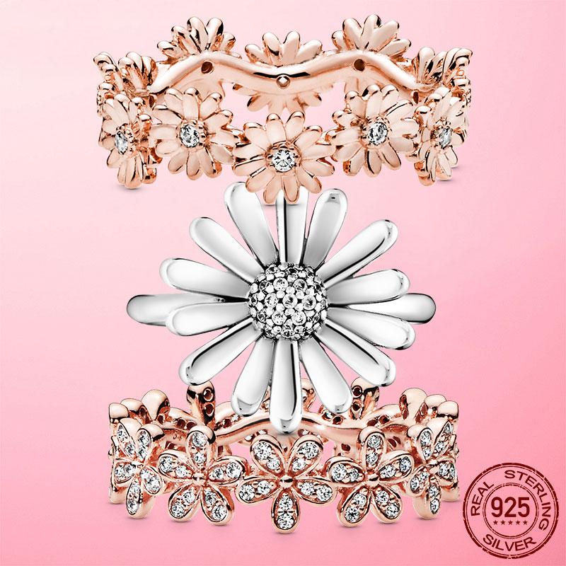 

Authentic 925 Sterling Silver Sparkling Daisy Flower Crown Finger Ring For Women Original Silver Jewelry Best Gift