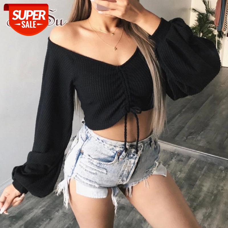 

ArtSu Womens Long Sleeve Tops V neck Lace Up Sexy Crop Top Pink T shirt Clothes Women Tops Ladies Autumn T-shirt Femme ASTS20218 #wr13, White