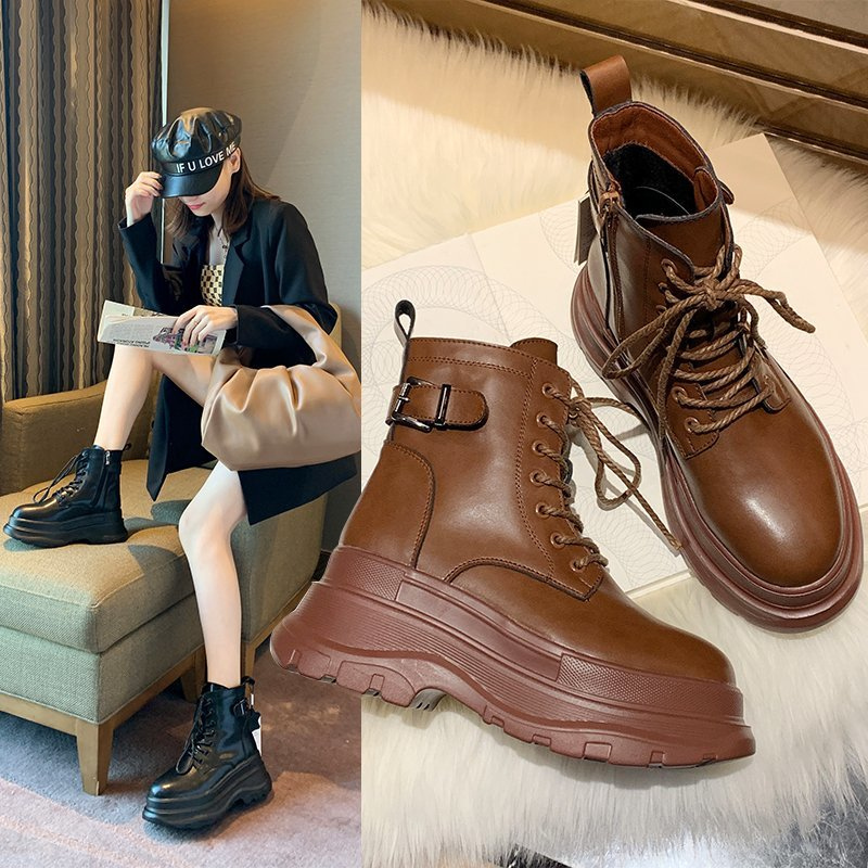 

2021 Female New Winter Brown Lace Up to Lower Heels Ankle Martin Combat Designer Boots 99cx