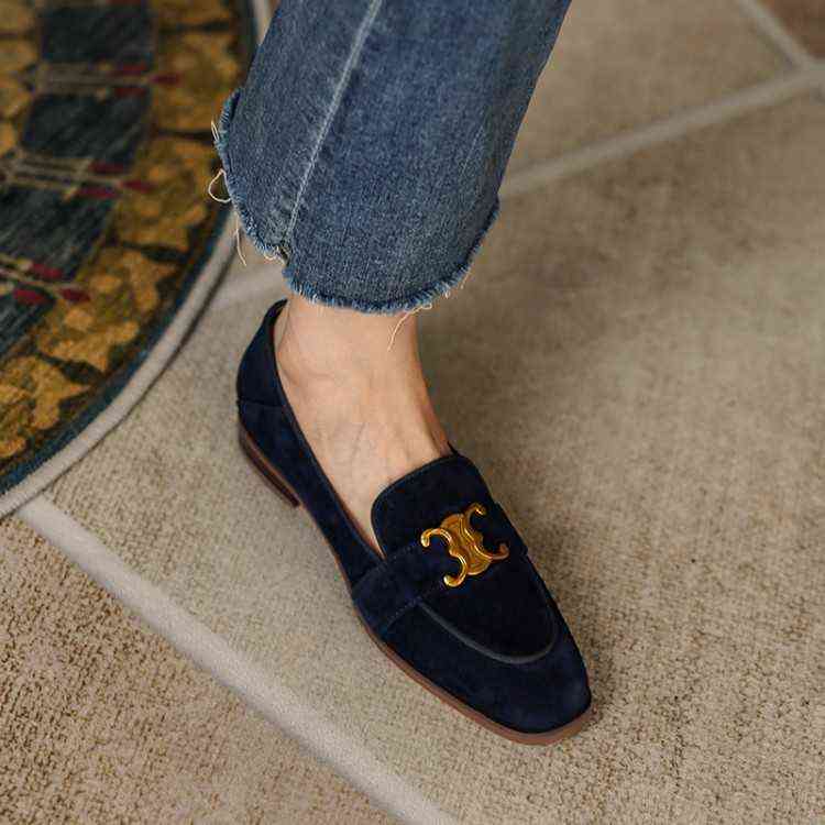 

College style sheep jingpi Lefu shoes 2022 autumn new deep mouth metal buckle four seasons single shoes leisure flat bottomed women's shoes, Camel