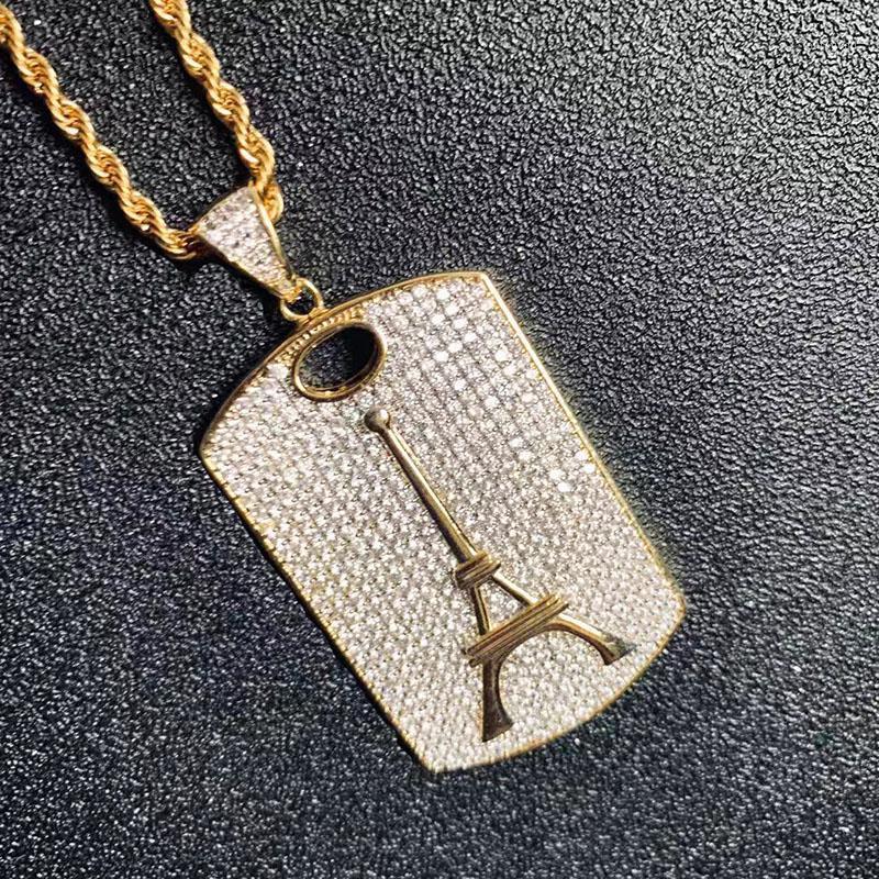 

Pendant Necklaces Hip Hop Full CZ Stone Paved Iced Out Bling Gold Color Eiffel Tower Square Pendants Necklace For Men Rapper Jewelry1